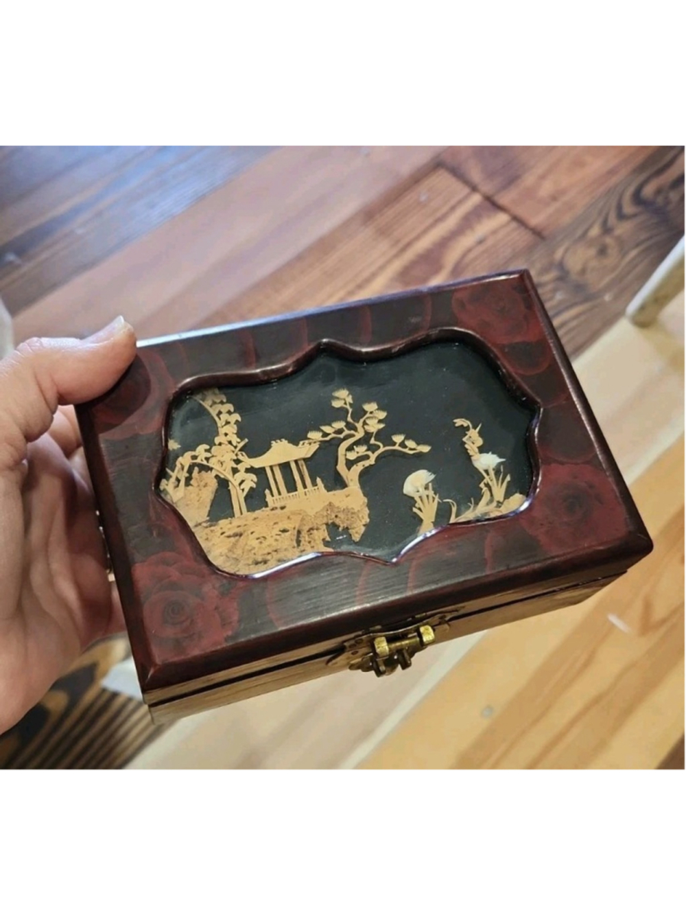 Vintage Oriental Jewelry Box Cork Scene Wood Frame 6x4x2in